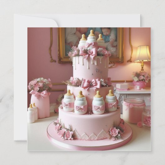 ROZE BABY FLESSEN CAKE, BABY SHOWER KAART (Voorkant)