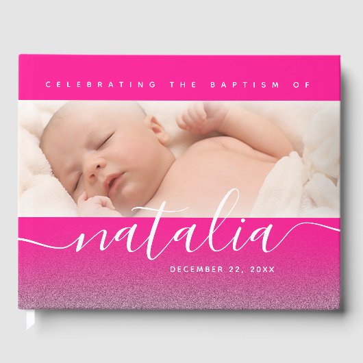 Roze Baby Foto Baptisme Christening Cross Glitter Gastenboek (Voorkant)