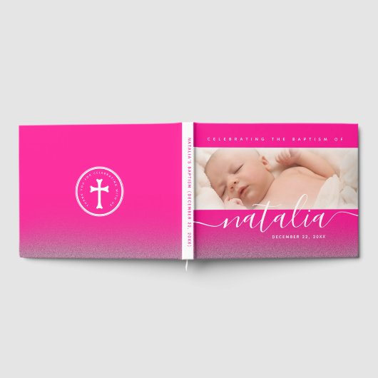 Roze Baby Foto Baptisme Christening Cross Glitter Gastenboek (Volledig)