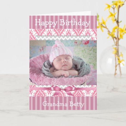 Roze Baby Foto Gelukkige Verjaardag Oma Kaart (Gele Bloem)