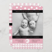 Roze Baby geboortenaankondiging met Twin Girls Aankondiging (Voorkant / Achterkant)