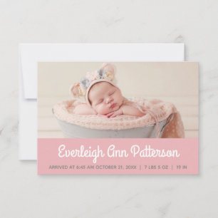Roze Baby Girl Aangepaste Photo Retro Script Birth Aankondiging