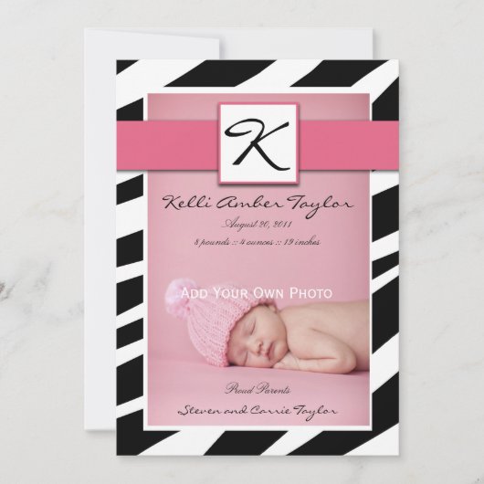 Roze baby Girl Birth Announcement Zebra Pattern Aankondiging (Voorkant)