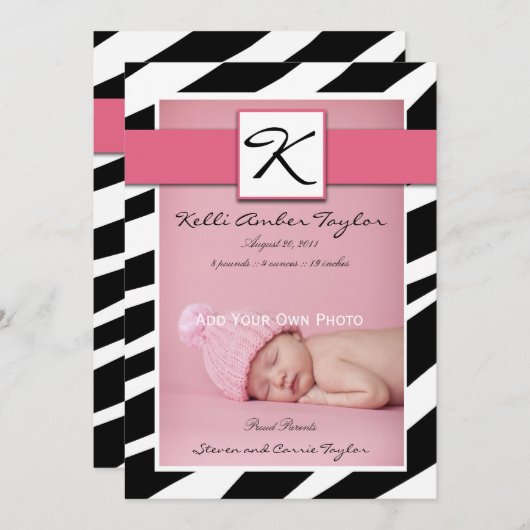 Roze baby Girl Birth Announcement Zebra Pattern Aankondiging (Voorkant / Achterkant)