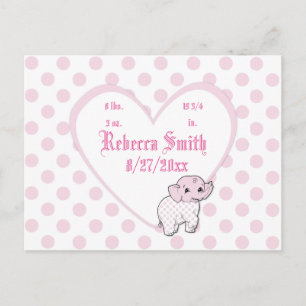 Roze Baby Girl Elephant Heart en Polka Dots Briefkaart
