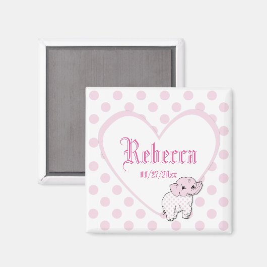 Roze Baby Girl Elephant Heart en Polka Dots Magneet (Voorkant / Achterkant)