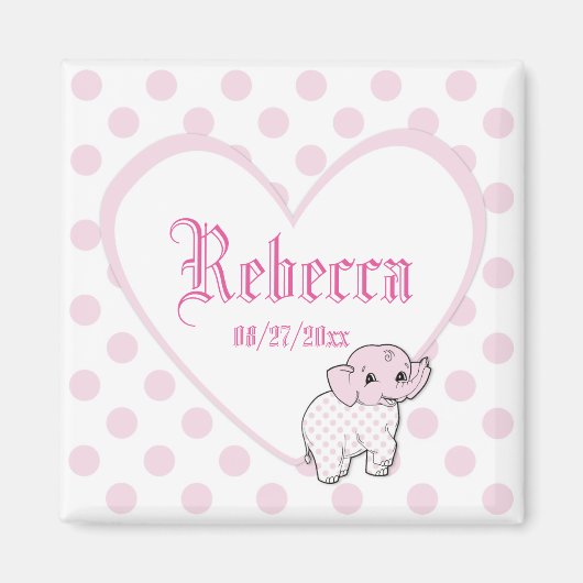 Roze Baby Girl Elephant Heart en Polka Dots Magneet (Voorkant)