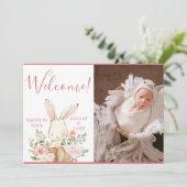 Roze Baby Girl Fotoscriptie geboorte Aankondiging (Staand voorkant)