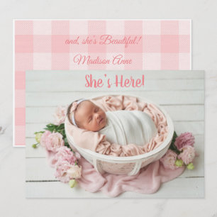 Roze Baby Girl Gingham Pset Cute Modern Birth Aankondiging