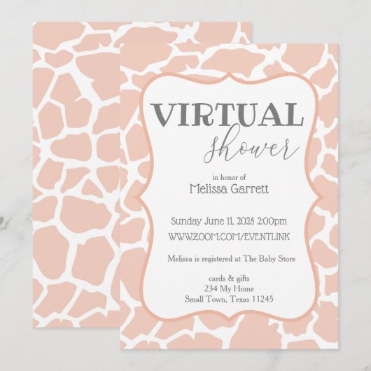 Roze Baby Girl Giraffe Virtuele uitnodiging (Voorkant / Achterkant)