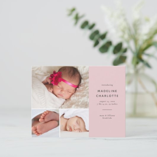 Roze Baby Girl Multi-Photo Newborn Announcement Briefkaart (Staand voorkant)