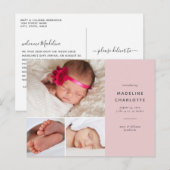 Roze Baby Girl Multi-Photo Newborn Announcement Briefkaart (Voorkant / Achterkant)