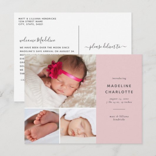 Roze Baby Girl Multi-Photo Newborn Announcement Briefkaart (Voorkant / Achterkant)