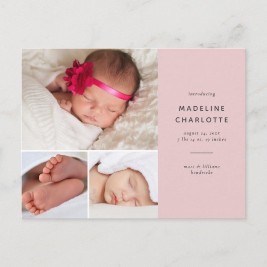 Roze Baby Girl Multi-Photo Newborn Announcement Briefkaart (Voorkant)