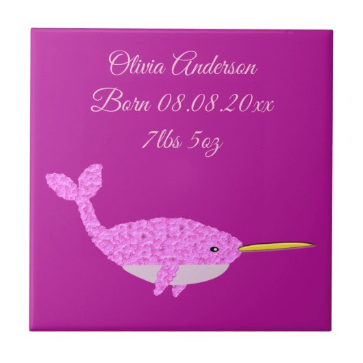 Roze Baby Girl Narwhal Aangepaste geboorte Tegeltje (Voorkant)