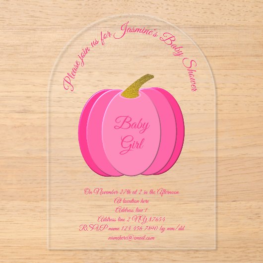  Roze Baby Girl Pumpkin Aangepast Baby shower Acryl Uitnodigingen (Voorkant)