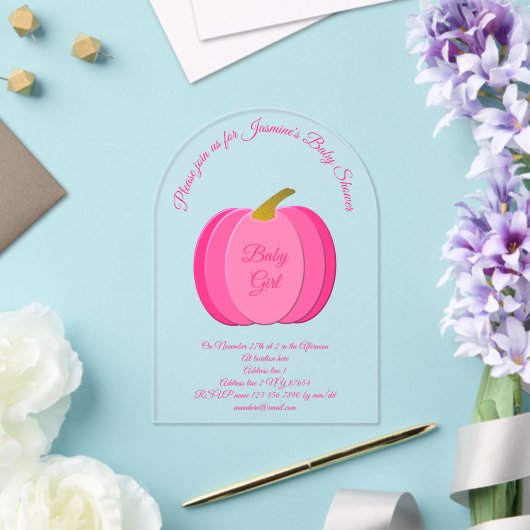  Roze Baby Girl Pumpkin Aangepast Baby shower Acryl Uitnodigingen (Insitu (Huwelijk))
