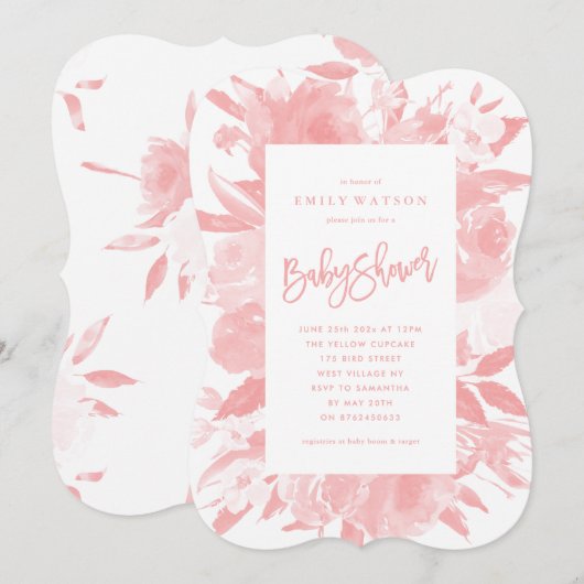 Roze Baby Girl Shower Invitation Floral Waterverf Kaart (Voorkant / Achterkant)