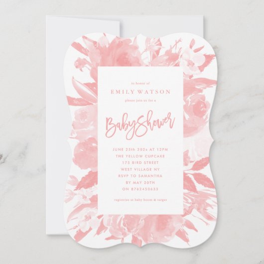 Roze Baby Girl Shower Invitation Floral Waterverf Kaart (Voorkant)