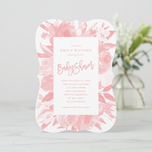 Roze Baby Girl Shower Invitation Floral Waterverf Kaart (Staand voorkant)