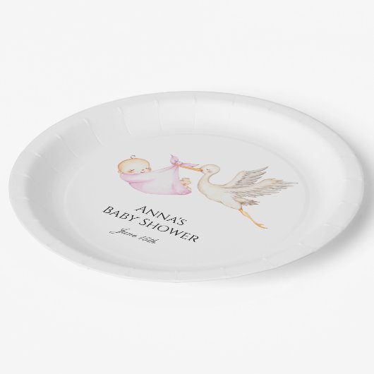 Roze Baby Girl Stork Baby shower Papieren Bordje (Gekanteld)