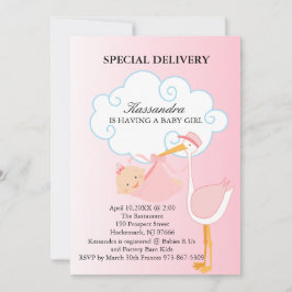 Roze Baby Girl Stork Baby shower Uitnodiging