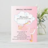 Roze Baby Girl Stork Baby shower Uitnodiging (Staand voorkant)