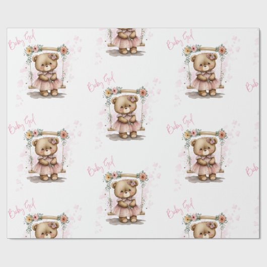 Roze Baby Girl Teddy Bear Baby shower Cadeaupapier (Vlak)
