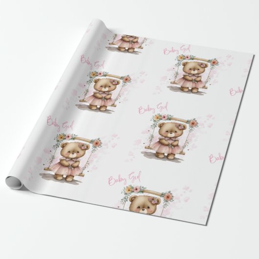 Roze Baby Girl Teddy Bear Baby shower Cadeaupapier (Uitgerold)