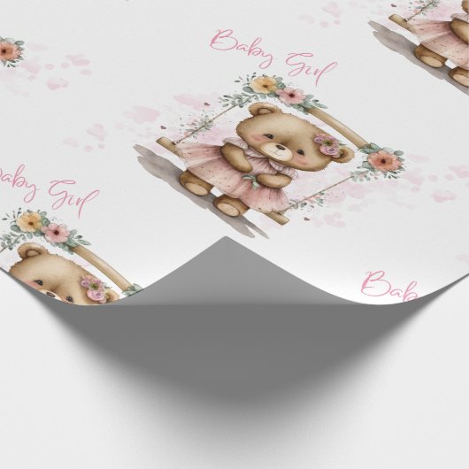 Roze Baby Girl Teddy Bear Baby shower Cadeaupapier (Hoek)
