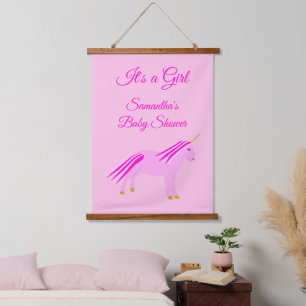 Roze Baby Girl Unicorn Aangepast Baby shower Hangend Wandkleed