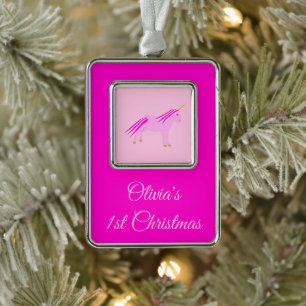 Roze Baby Girl Unicorn Aangepast, eerste Kerstmis Verzilverd Omlijst Ornament
