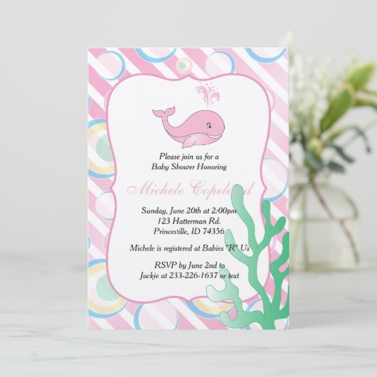 Roze Baby Girl Whale Baby shower Kaart (Staand voorkant)