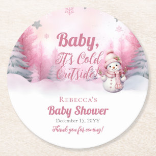 Roze Baby Het is koud buiten Snow Girl Baby shower Ronde Kartonnen Onderzetter