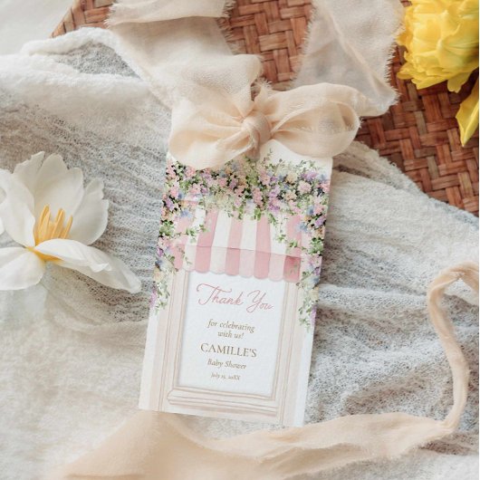 Roze Baby in Bloom Baby shower Dank u label Cadeaulabel