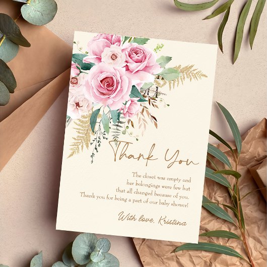 Roze Baby in Bloom Boho Bloemen Baby shower Bedankkaart