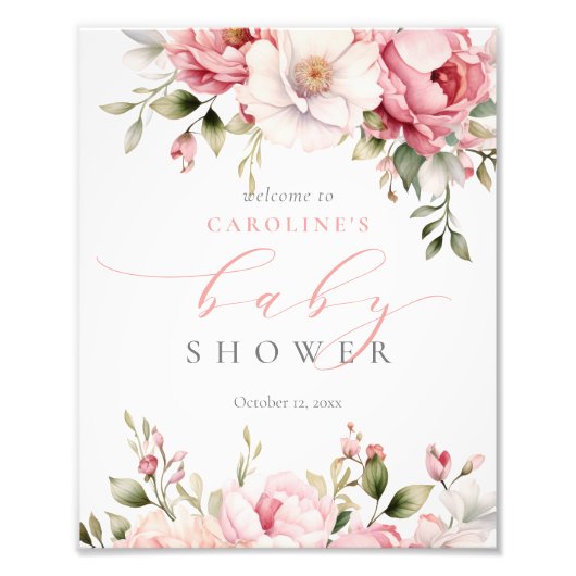 Roze Baby in Bloom Meisje Baby shower Welkomstbord Foto Afdruk (Voorkant)