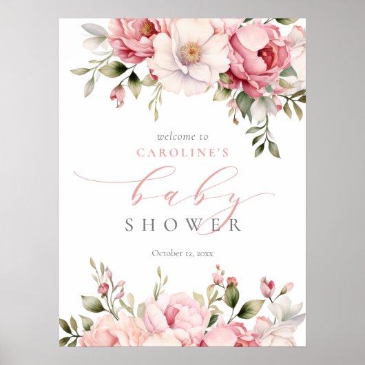 Roze Baby in Bloom Meisje Baby shower Welkomstbord Poster (Voorkant)