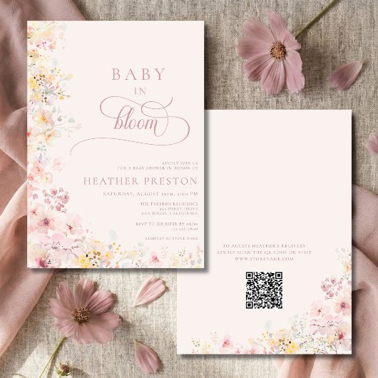 Roze Baby In Bloom QR Code Baby Shower Kaart