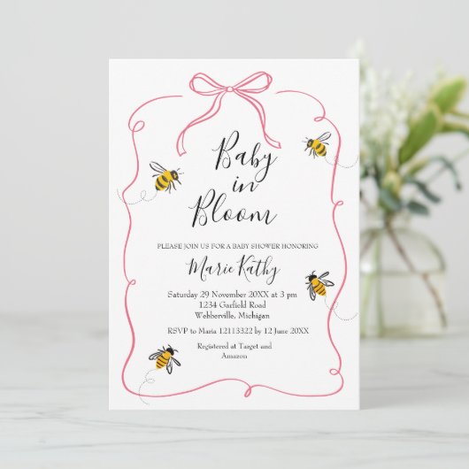 Roze Baby in Bloom Rustic Bee Daisy Invitation Kaart (Staand voorkant)