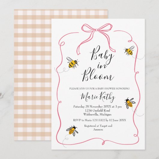 Roze Baby in Bloom Rustic Bee Daisy Invitation Kaart (Voorkant / Achterkant)
