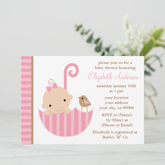 Roze Baby in Umbrella Baby shower Kaart (Staand voorkant)