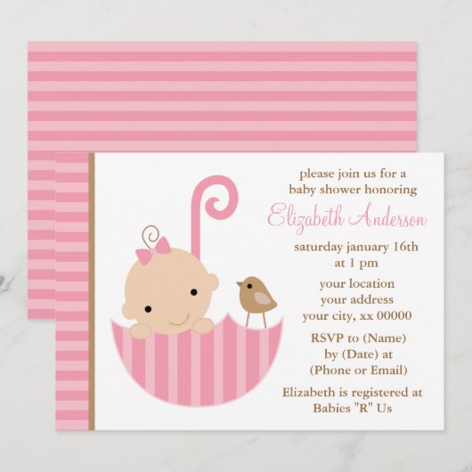 Roze Baby in Umbrella Baby shower Kaart (Voorkant / Achterkant)
