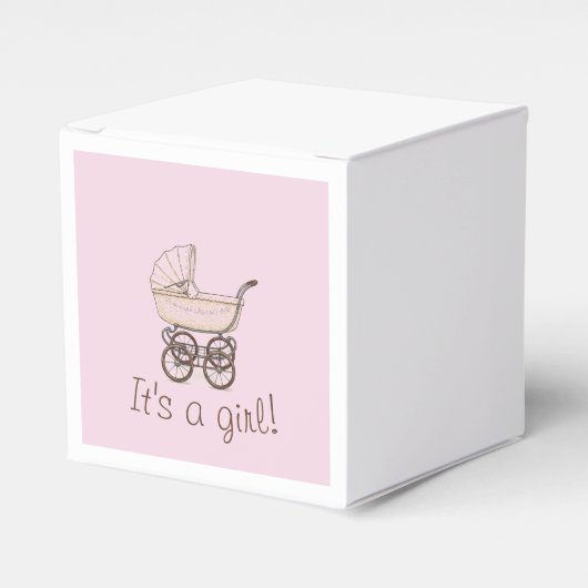 Roze baby kinderwagen gunstbox bedankdoosjes (Voorkant Zijde)