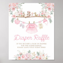Roze Baby Kleding Bloemen Clothesline Luier Raffle Poster