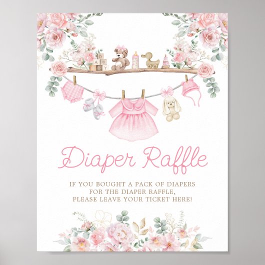Roze Baby Kleding Bloemen Clothesline Luier Raffle Poster (Voorkant)