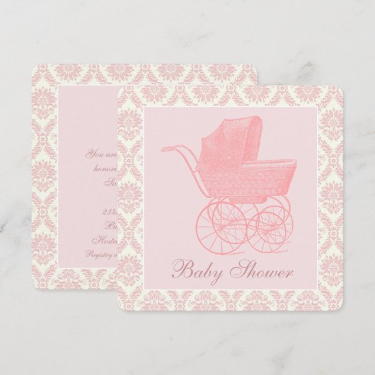  Roze Baby Koets Baby Meisje Douche Kaart (Voorkant / Achterkant)