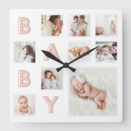 Roze Baby letters Newborn Baby Fotoraster Collage Vierkante Klok
