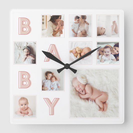 Roze Baby letters Newborn Baby Fotoraster Collage Vierkante Klok (Voorkant)