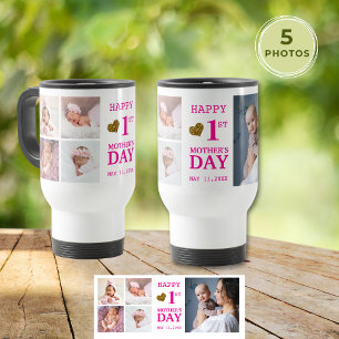 Roze Baby Meisje 1e Moederdag 5 Fotocollage Reisbeker